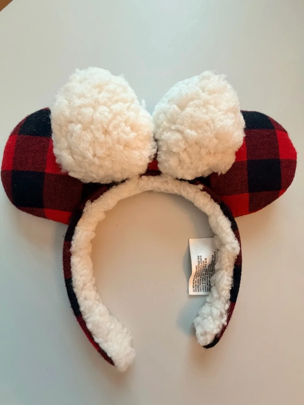 Disney Red/Black Buffalo Check Ear Headband with Cream Pom Pom Bow
